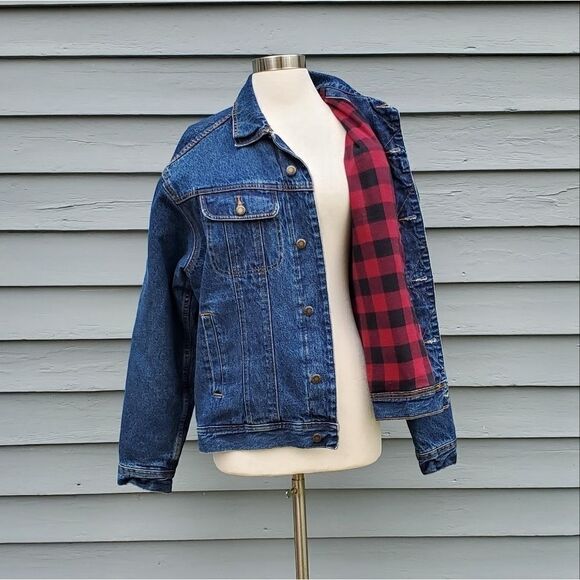 Vintage 90s y2k Wrangler Rugged Wear Buffalo Check Plaid Denim Jean Jacket Lg - Picture 1 of 6